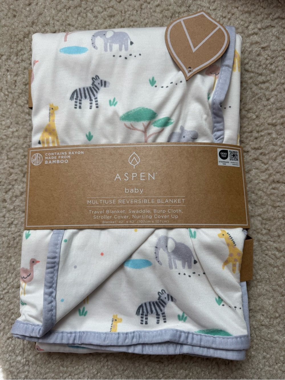 Aspen Baby Reversible Safari Animal Blanket in White and Gray
